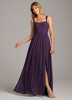Azazie Rosaline Bridesmaid Dresses Plum A-Line Side Slit Chiffon Dress image1