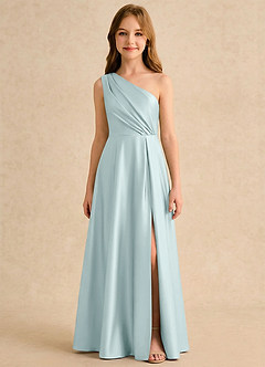 Azazie Puddles Girls Formal Flower Girl Dresses Mist A-Line One Shoulder Stretch Satin Dress image6