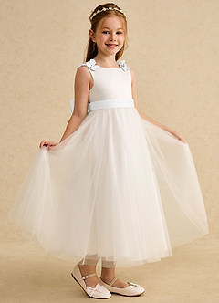 Azazie Lilli 플라워 걸 드레스 A라인 절하다 얇실버 명주 그물 발목 길이 드레스 image1