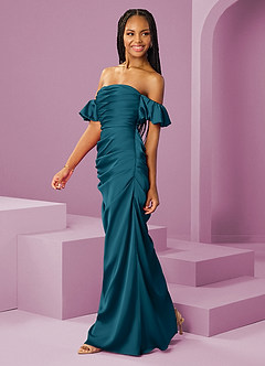 Barbie ♥ Azazie Jurken voor bruidsmeisjes Converteerbaar Jurk van Stretch Satijn met Kolom Off the Shoulder Inkt Blauw image4