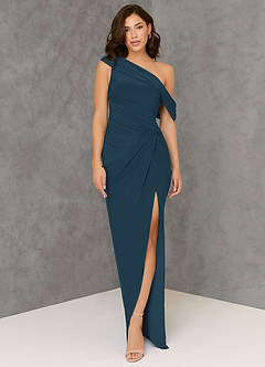 Azazie Rorie Brautjungfernkleider Etui One-Shoulder Luxuriöse Strickwaren Kleid Neptunblau image1