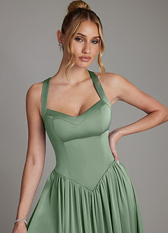 Azazie Francis Vestidos de damas de honor Vestido de Matcha de Satén Elástico de Corte en A con Corsé image4