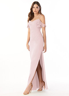 Azazie Emeralda Bridesmaid Dresses Blushing Pink Sheath Off the Shoulder Chiffon Dress image1