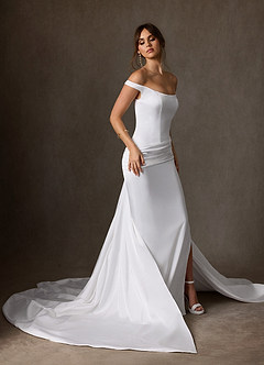 Azazie Marciana 웨딩드레스 쉬스 오프 더 숄더 스트레치 새틴 채플 트레인 드레스 image3
