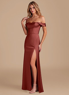 Azazie Saige Bridesmaid Dresses Terracotta A-Line Off the Shoulder Metallic Satin Convertible Dress image6