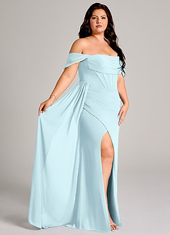Azazie Amyra Bridesmaid Dresses Cloud Blue Sheath Off the Shoulder Chiffon Convertible Dress image11