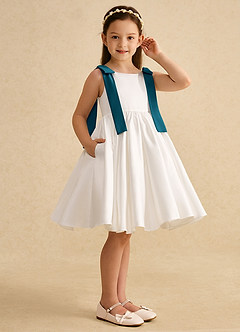 Azazie Stacie Flower Girl Dresses Ivory Ink Blue A-Line Bow Matte Satin Dress image2