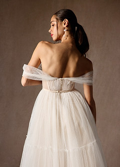 Azazie Vienna Wedding Dresses Diamond White Champagne A-Line Off-The-Shouler Tulle Dress image9