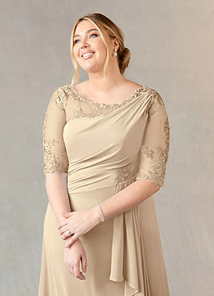 Azazie Dionysus Mother of the Bride Dresses Champagne A-Line Boatneck Lace Chiffon Dress image10