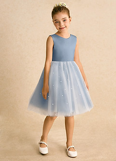 Azazie Esme Blumenmädchenkleider Ballkleid Schleifen Tüll Kleid Staubblau image7