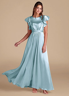 Azazie Daphne Bescheidene Brautjungfernkleider A-Linie Gestreift Metallic Satin Bodenlänge Kleid image1