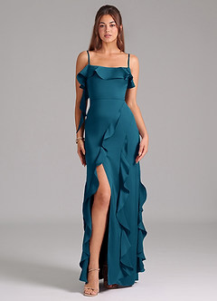 Azazie Malia Bridesmaid Dresses Ink Blue A-Line Side Slit Stretch Satin Dress image3