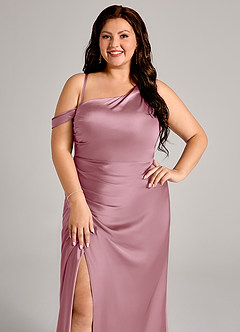 Azazie Madelyn Robes de demoiselle d'honneur Robe Sirène Convertible en Satin extensible Une épaule Mauve Vintage image10