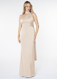 Azazie Kaylani Vestidos de damas de honor Vestido de Alabastro Blanco de Satén Elástico de Corte Sirena con Cuello Alto image1
