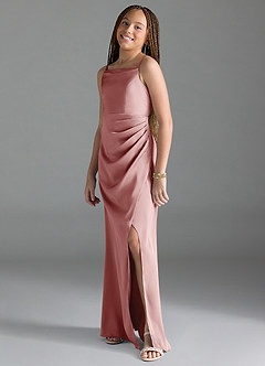 Azazie Leonis Junior Vestido de Rosa Polvorienta de Satén Elástico de Corte En A con Plisado image4