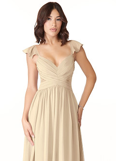Azazie Lissa Robes de demoiselle d'honneur Robe Trapèze en Mousseline de soie Dentelle Champagne image6