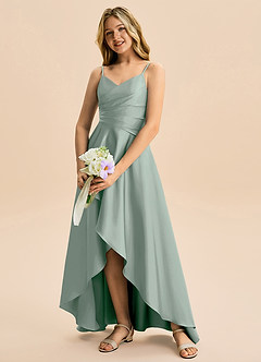 Azazie Eirlys Junior Agave A-Line Pleated Stretch Satin Dress image4