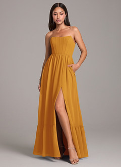 Azazie Kailee Bridesmaid Dresses Butterscotch A-Line with Pockets Chiffon Dress image1
