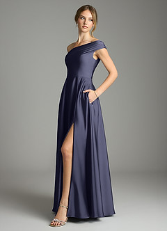 Azazie Melanie Bridesmaid Dresses Stormy A-Line Off the Shoulder Stretch Satin Dress image4