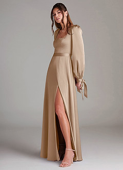 Azazie Leonia Brautjungfernkleider A-Linie Langarm Stretch-Satin Kleid Taupe image5