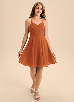 Azazie Avelina Junior Cinnamon A-Line Pleated Chiffon Dress image3