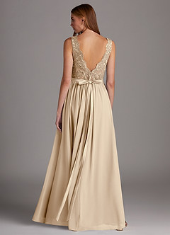 Azazie Elly Bridesmaid Dresses Champagne A-Line Lace Scoop Neck Chiffon Dress image2
