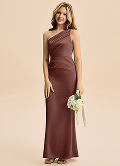 Azazie Akilah Junior Espresso Sheath Pleated Stretch Satin Dress image5