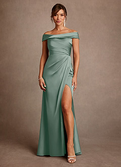 Azazie Bedford Mère de la mariée Robes Robe Fourreau en Satin extensible Plissée Sauge D'argent image1