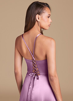 Azazie Maksim Bridesmaid Dresses Wisteria A-Line Metallic Satin Dress image2
