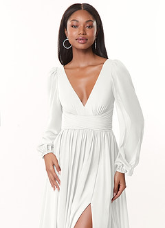 Azazie Norah Abiti da Damigella Abito A-Line in Chiffon con Maniche lunghe e Scollo a V Bianco image5