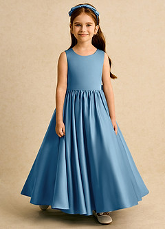 Azazie Nellia vestidos de niña de las flores Vestido de Azul Acero de Satin Mate de Corte En A con Lazo image5
