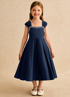 Azazie Yosemite Flower Girl Dresses Dark Navy Ball-Gown Sweetheart Neckline Matte Satin Dress image4
