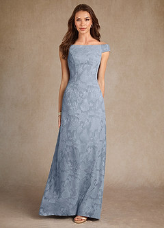 Azazie Moore vestidos de madre de la novia Vestido de Azul Polvoriento de Devorado Floral de Corte En A con Cuello de barco image3