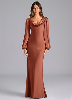 Azazie Rylina Bridesmaid Dresses Clay Mermaid Long Sleeve Stretch Satin Dress image1