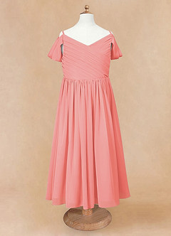 Azazie Chelle Blumenmädchenkleider A-Linie Plissee Chiffon Kleid Koralle image6