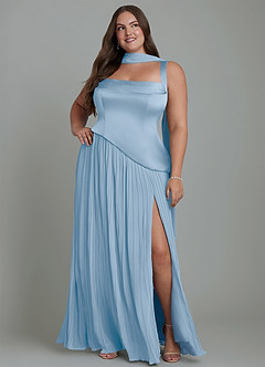 Azazie Stephanie Robes de demoiselle d'honneur Robe Trapèze en Satin extensible Plissé Poudre Bleue image15