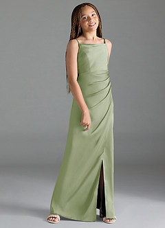 Azazie Leonis Junior Dusty Sage A-Line Pleated Stretch Satin Dress image3