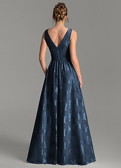 Azazie Vanessa At-home Try On Dresses Dark Navy A-Line Pleated Floral Jacquard Burnout Dress image6