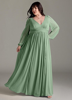 Azazie Norah Robes de demoiselle d'honneur Robe Trapèze en Mousseline de soie Col en V, manches longues Matcha image8
