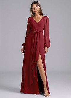 Azazie Liah Bridesmaid Dresses Pomegranate A-Line Long Sleeve Chiffon Dress image1