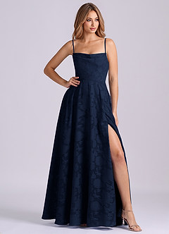 Azazie Elle Jurken voor bruidsmeisjes Jurk van Bloemen Burn-out met A-Lijn Geplooid Donkere Marine image1