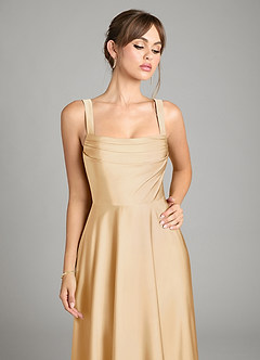 Azazie Shaude Vestidos de damas de honor Vestido de Oro de Satén Elástico de Corte en A con Plisado image9