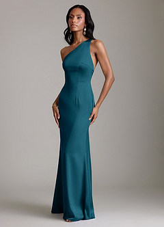 Azazie Voni Bridesmaid Dresses Ink Blue Mermaid One Shoulder Stretch Satin Dress image6