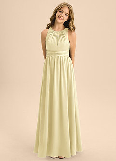 Azazie Jaylah Junior Lemon Sorbet A-Line Pleated Stretch Satin Dress image5