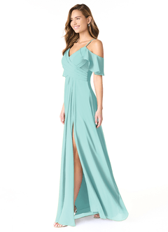 Azazie Dakota Bridesmaid Dresses Aqua A-Line V-Neck Pleated Chiffon Dress image4