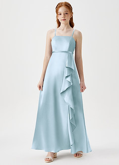 Azazie Kaylee Junior Sky Blue A-Line with Belt Metallic Satin Dress image3