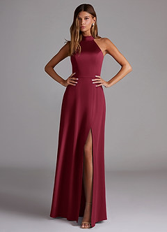 Azazie Myra Bridesmaid Dresses Burgundy A-Line High Neck Stretch Satin Dress image3