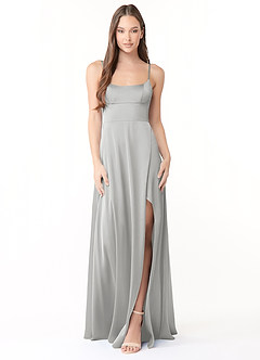 Azazie Halsey Final Sale Silver A-Line Side Slit Stretch Satin Dress image1