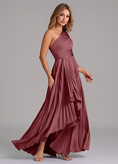 Azazie Lyrica 신부 들러리 드레스 A라인 한쪽 어깨 스트레치 새틴 비대칭 드레스 image3