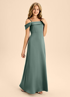 Azazie Anselie Junior Sea Moss A-Line Off the Shoulder Stretch Satin Dress image5